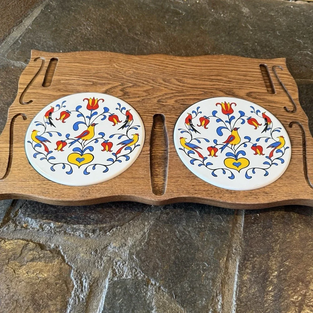 Vintage Pennsylvania Dutch Folk Art Double Tile Wood Trivet Distelfink Bird Hex